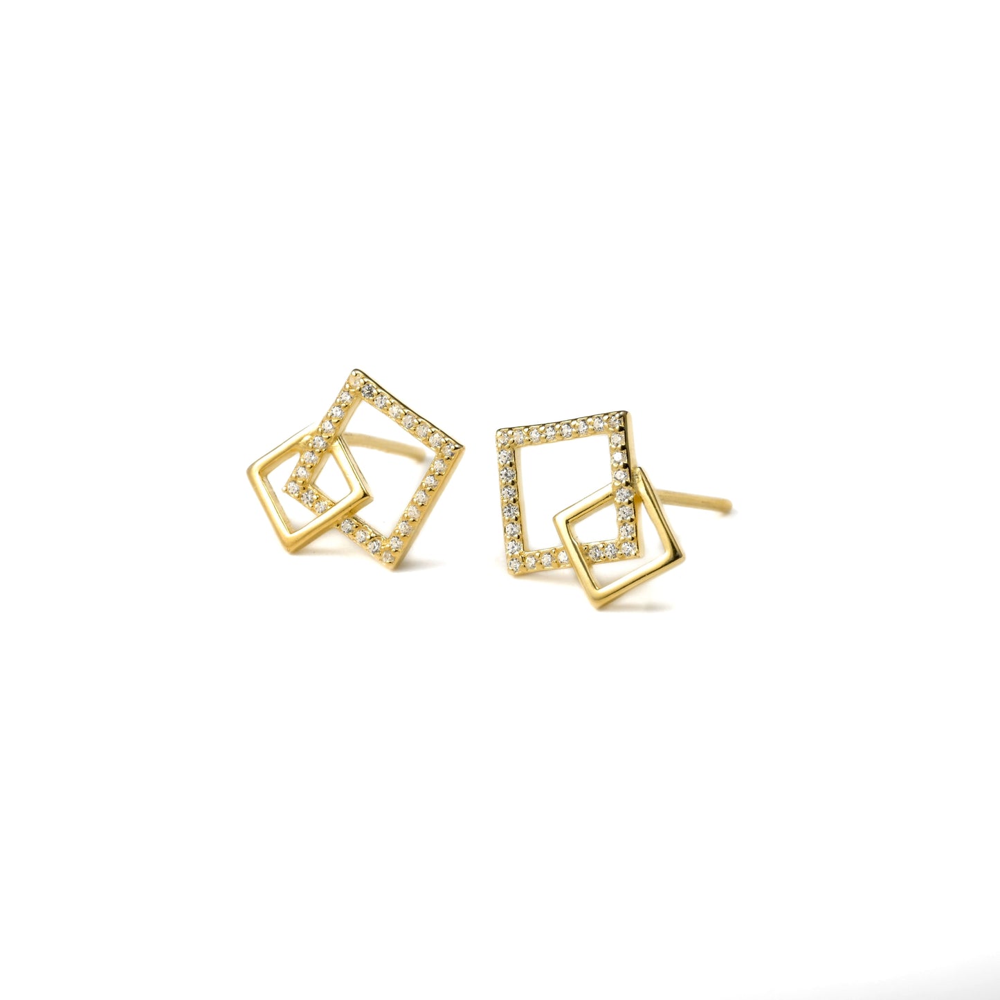 Gold square stud earrings on a white background