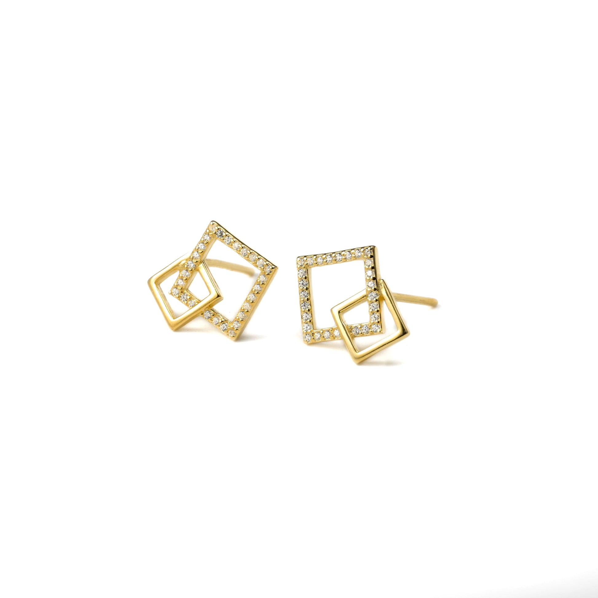 Gold square stud earrings on a white background