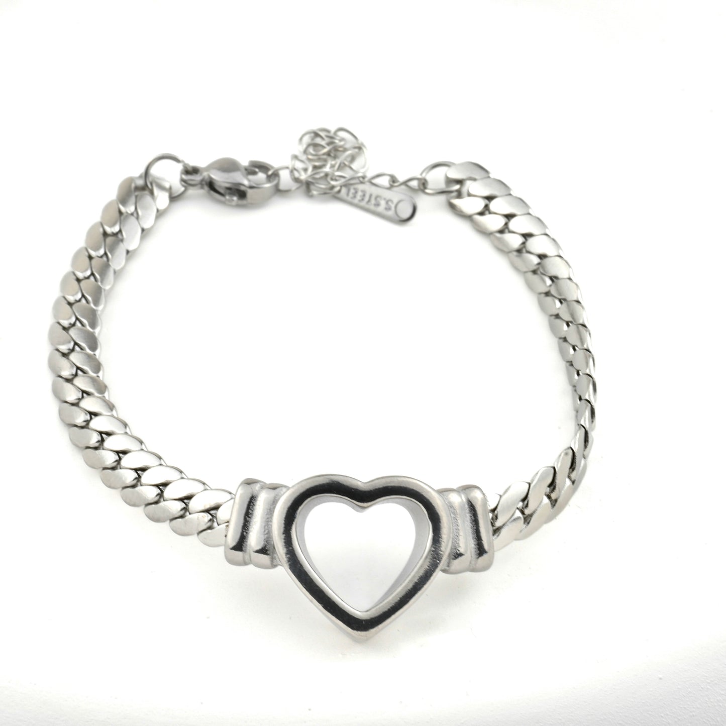 front view of bold heart bracelet in silver