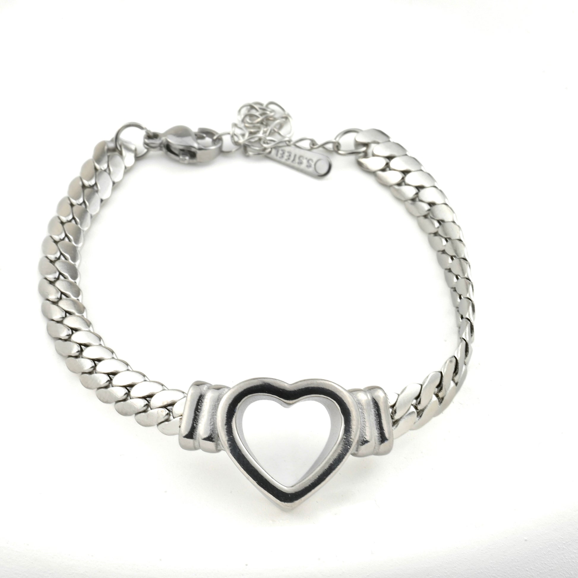 front view of bold heart bracelet in silver