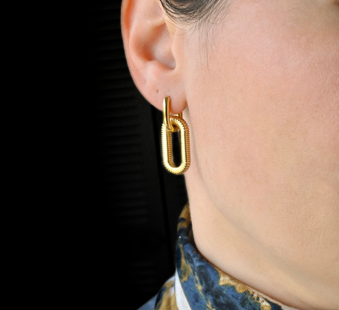 Ribbed Oval Link Hoops, 18K Gold & Silver Stainless Steel, Two-tone & Waterproof