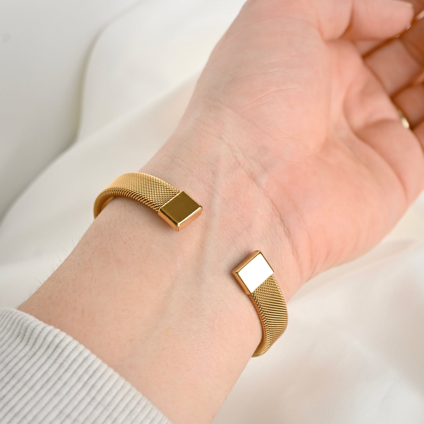 Wide Gold Mesh Cuff Bracelet - Stainless Steel Open Bangle