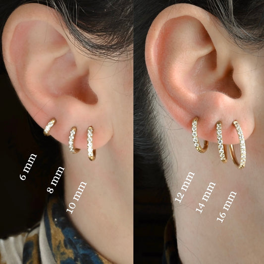 Comparison of pave CZ gold hoop earrings on ears, in 6 different sizes from 6mm to 16mm with size labels.