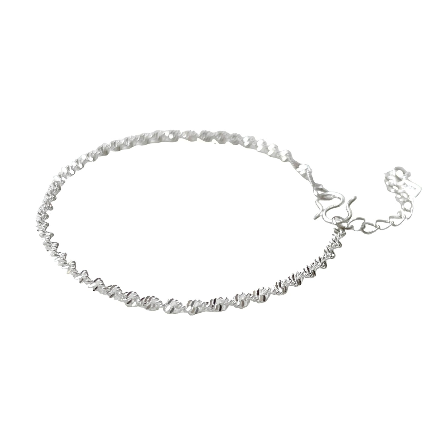 Silver singapore chain bracelet with S hoop clasp and extender on a white background
