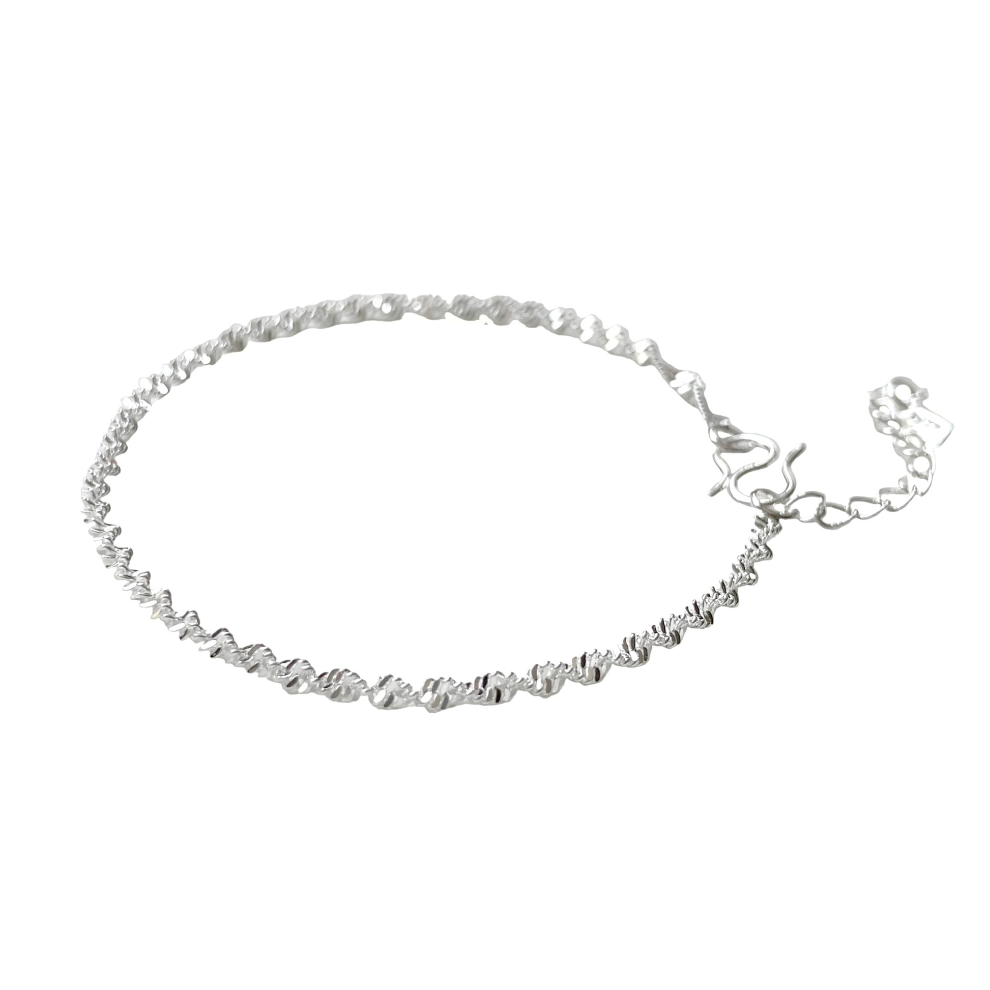 Silver singapore chain bracelet with S hoop clasp and extender on a white background