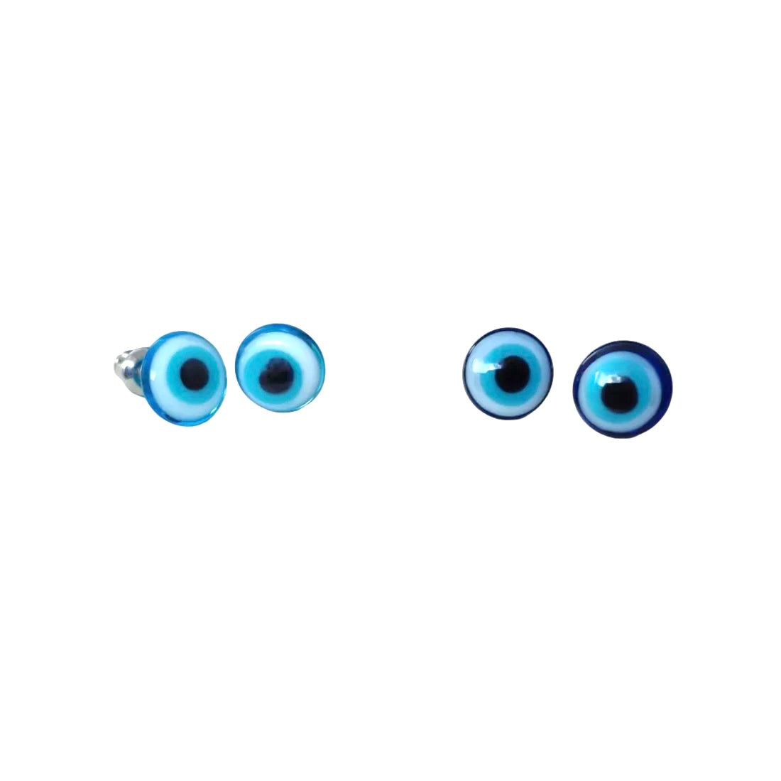 Pair of dark and light blue round glass  eye-shaped earrings on a white background