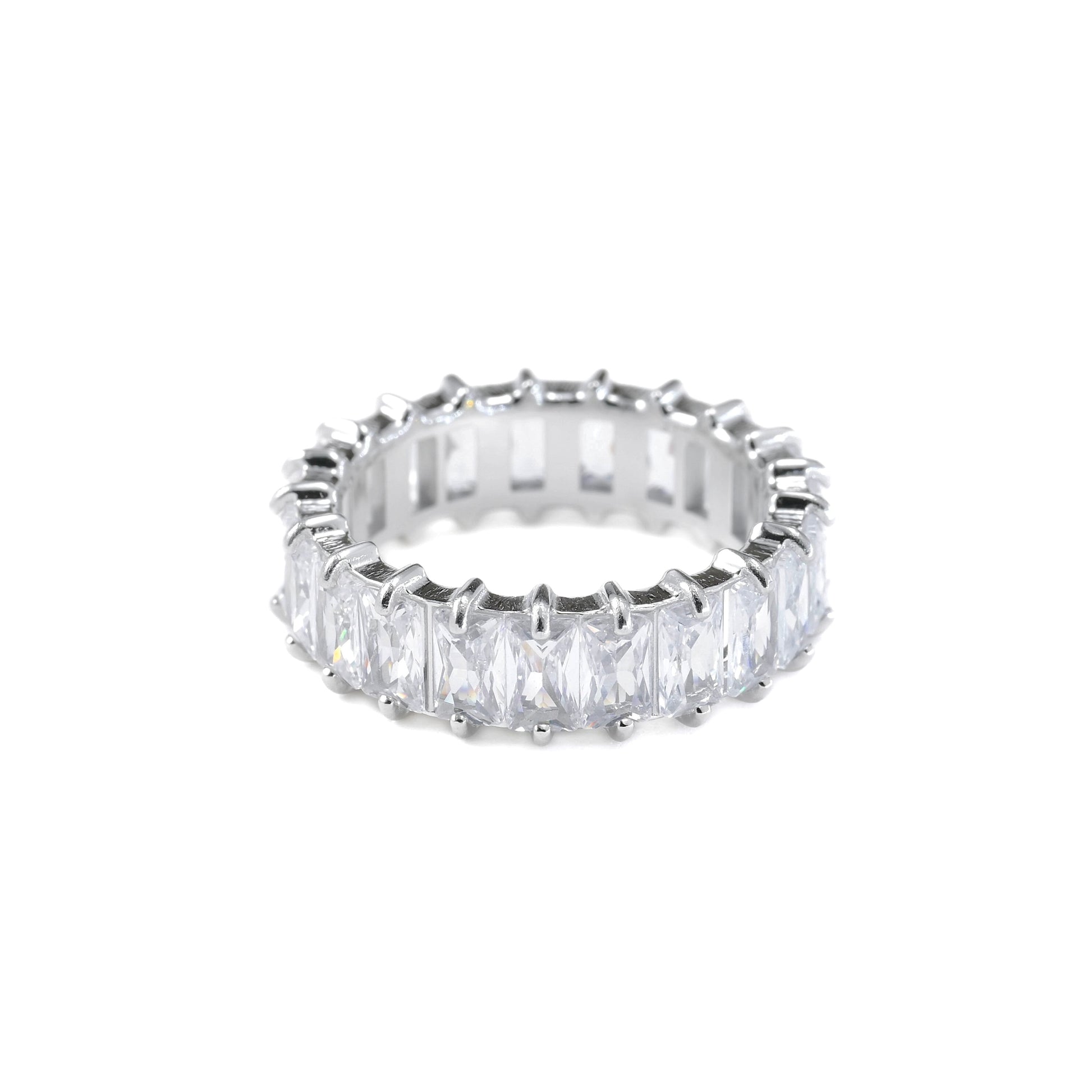 Silver ring with clear cubic zirconia on a white background