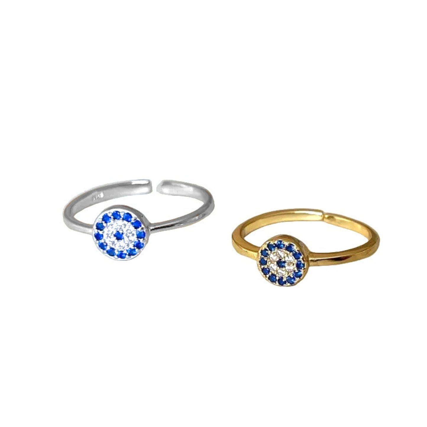 Two  round evil eye rings, one silver and one gold, with blue and clear cubic zirconia on a white background.