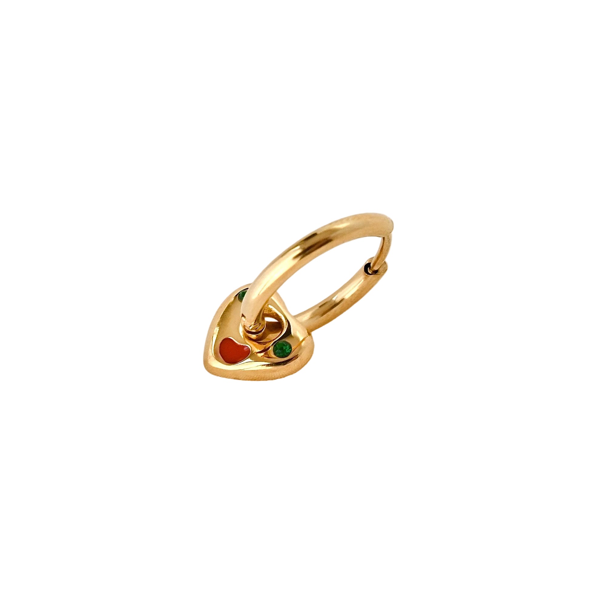 Gold earing with colored stones on a white background