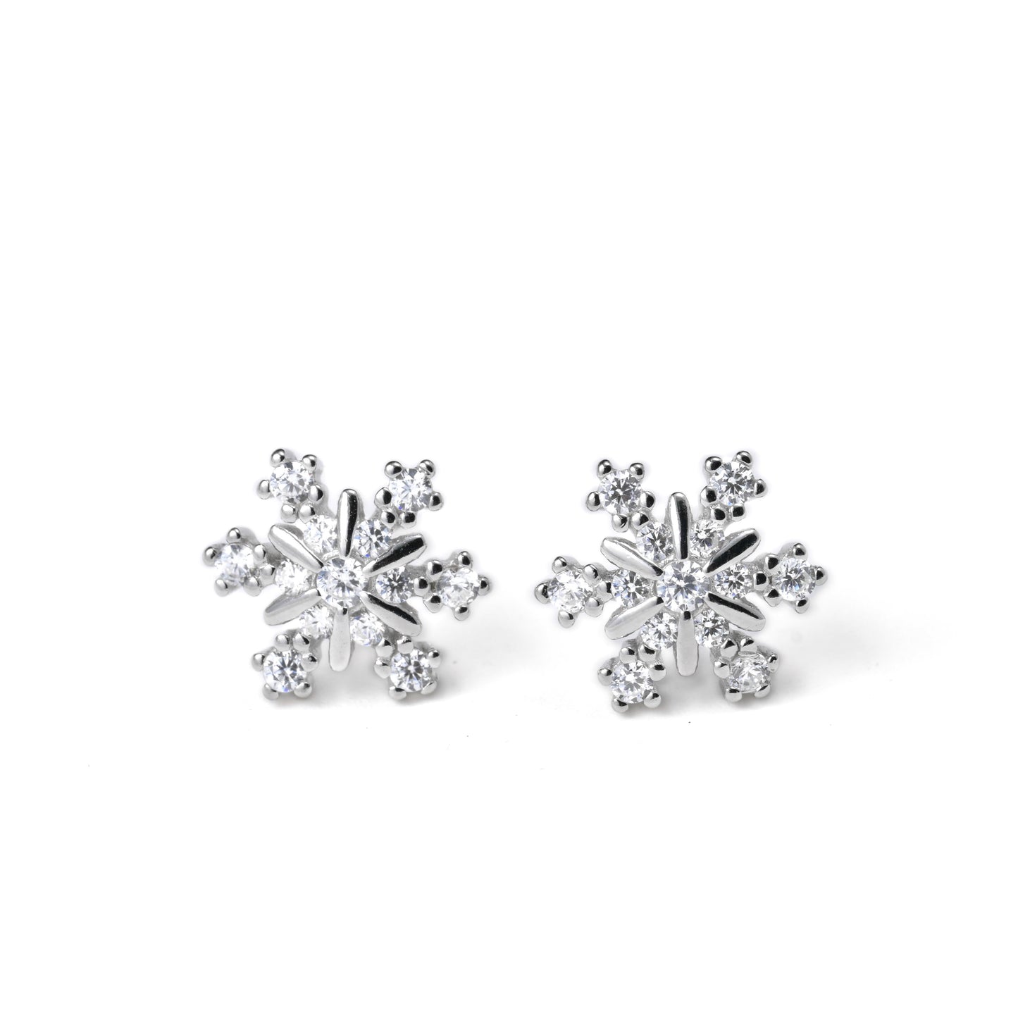 front view of silver snowflake earrings  with crystals on a white background
