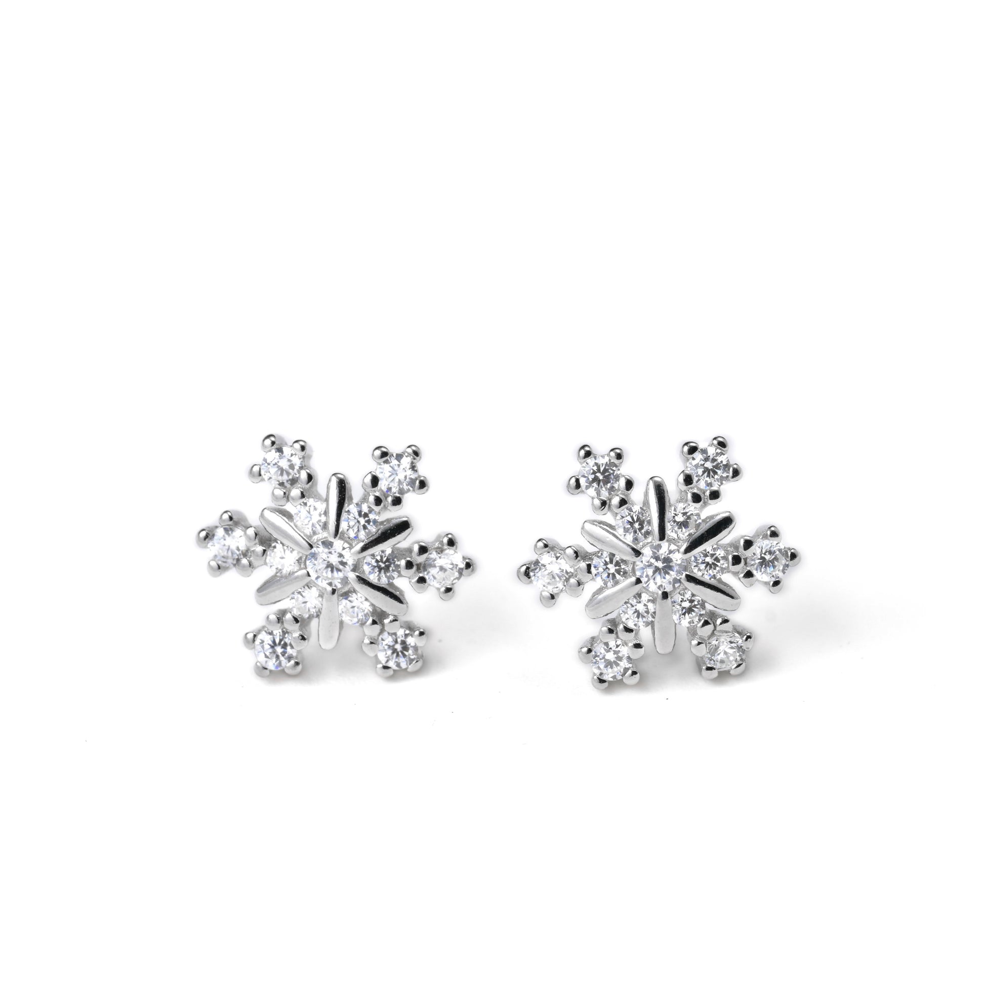front view of silver snowflake earrings  with crystals on a white background
