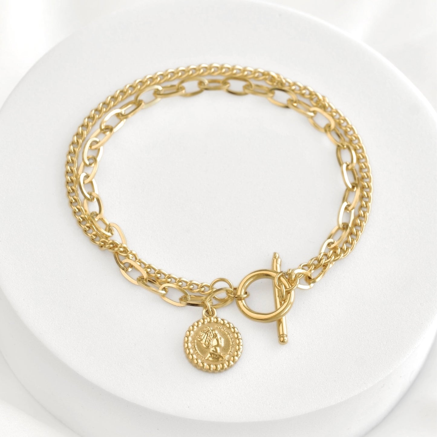 Double Layered Coin Charm Toggle Bracelet - Stainless Steel
