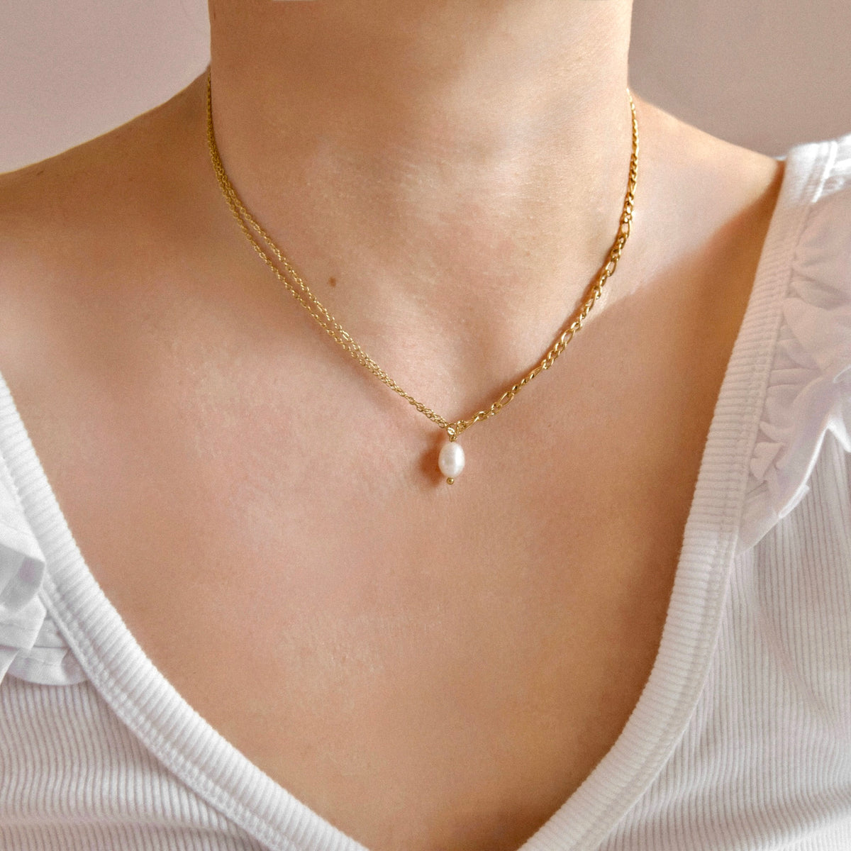 Mixed Chain Pearl Necklace - Stainless Steel Figaro & Cable