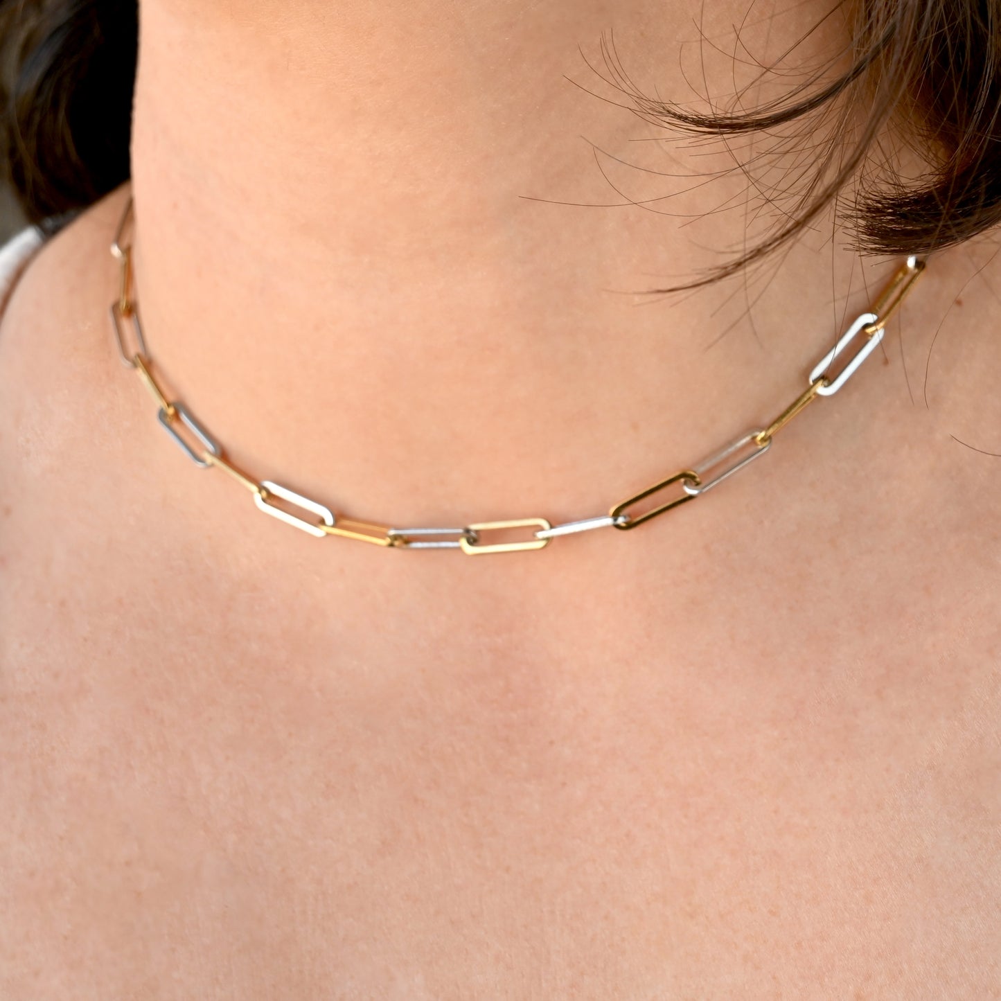 A person wearing a two-tone choker with alternating gold and silver chain links 