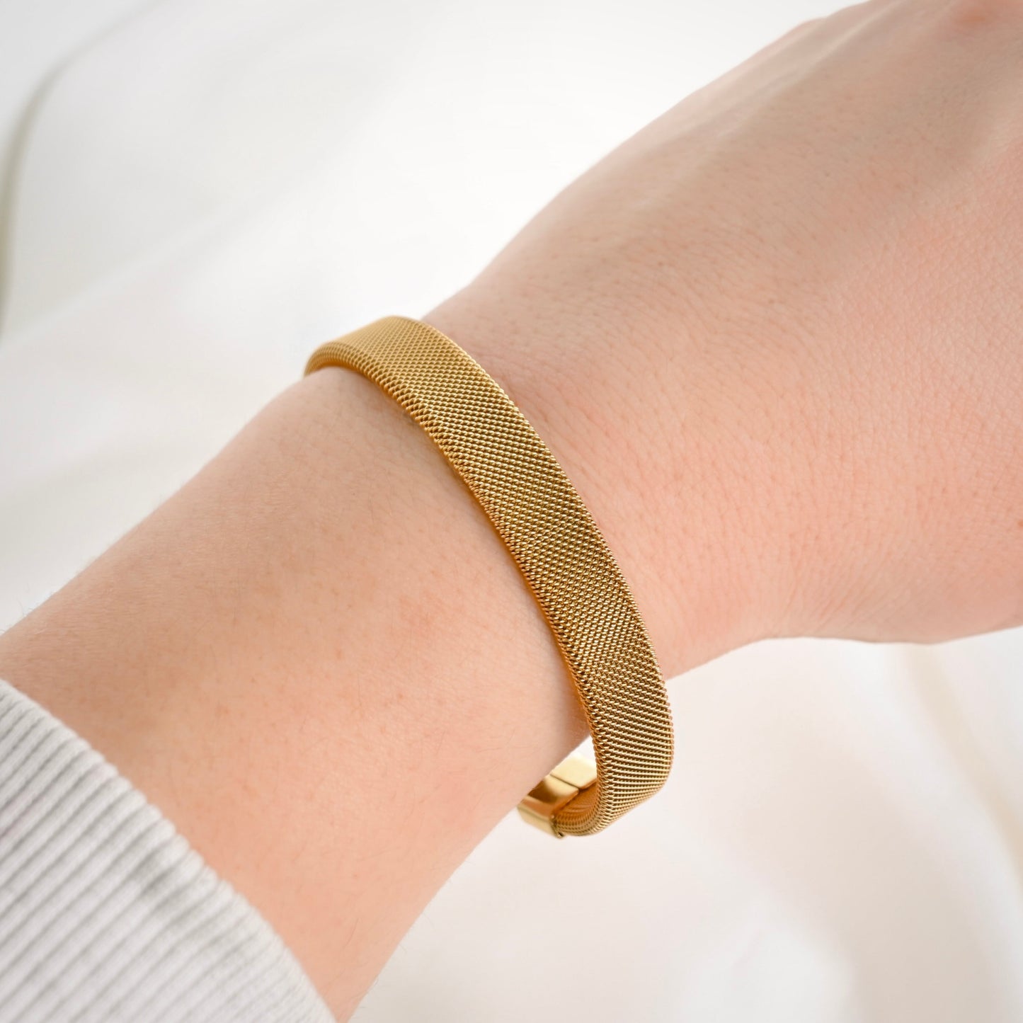 Wide Gold Mesh Cuff Bracelet - Stainless Steel Open Bangle