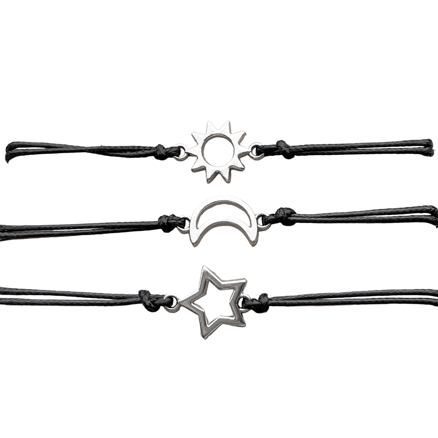 Set of black rope wish bracelets with silver star, moon, and sun charms on a white background