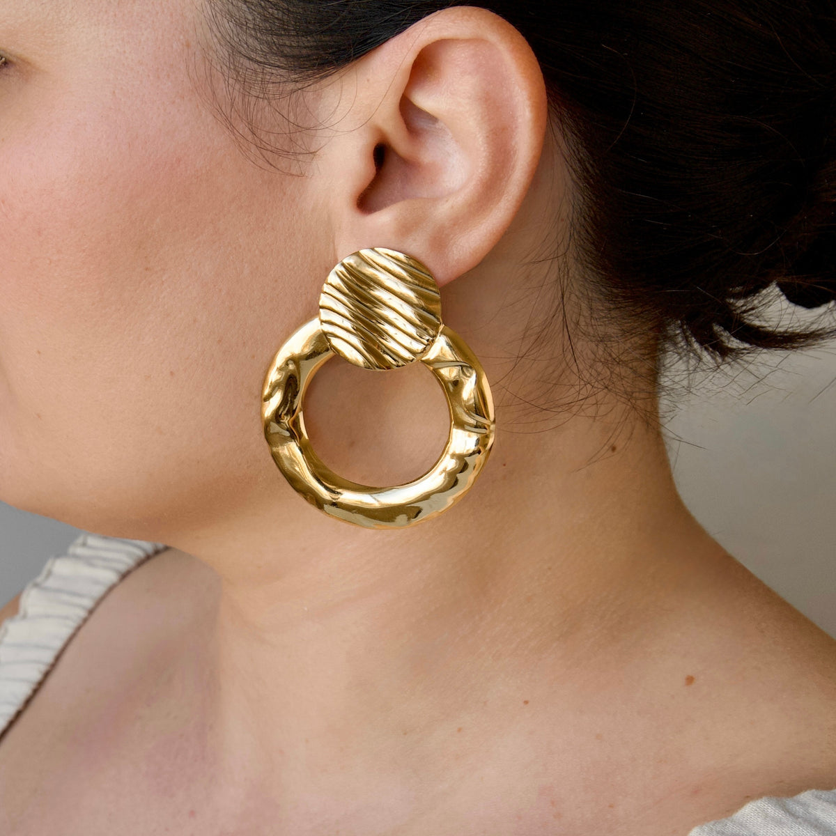 Hammered Double Circle Statement Earrings - Stainless Steel