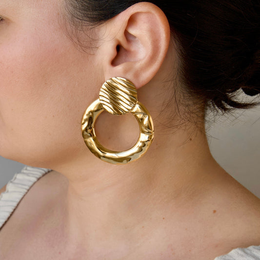 Hammered Double Circle Statement Earrings - Stainless Steel