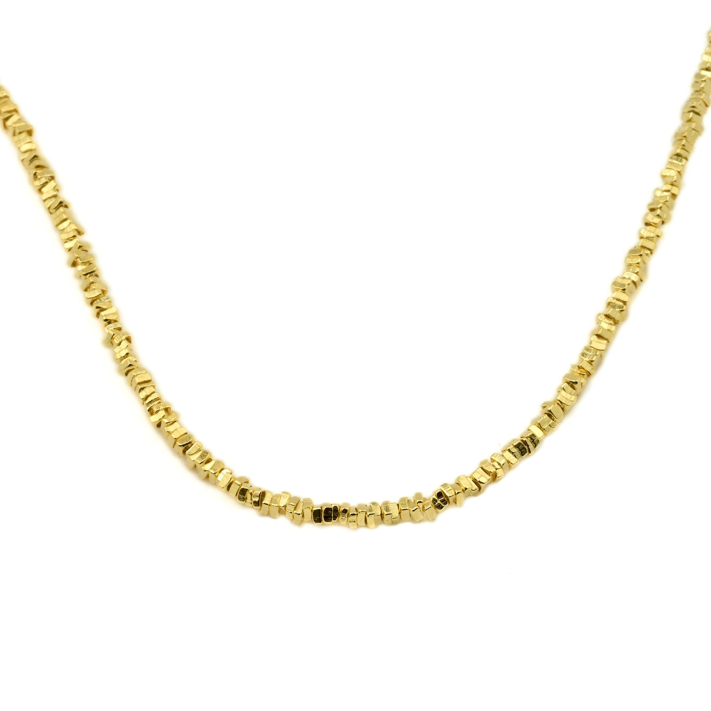 Gold square bead chain necklace on a white background