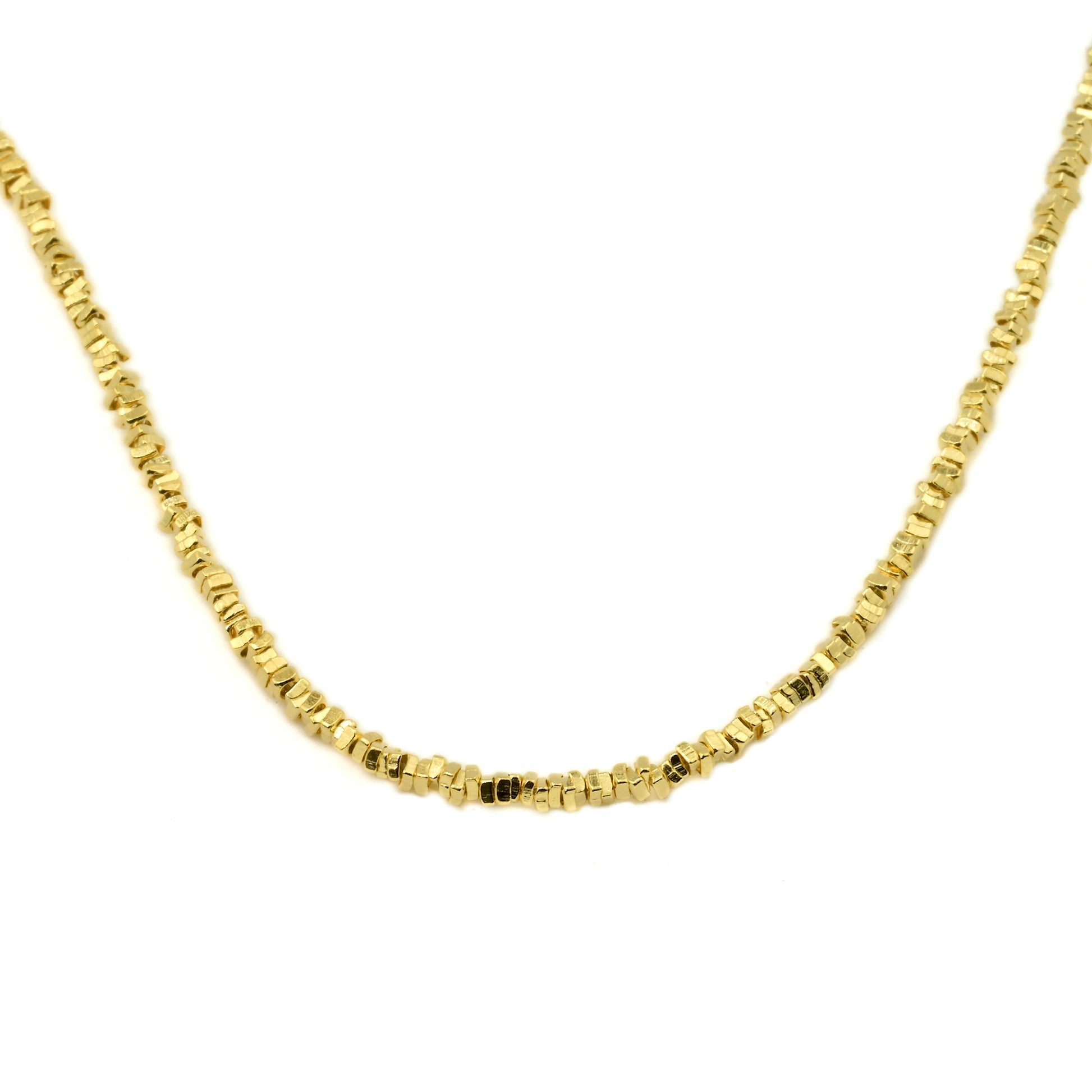 Gold square bead chain necklace on a white background