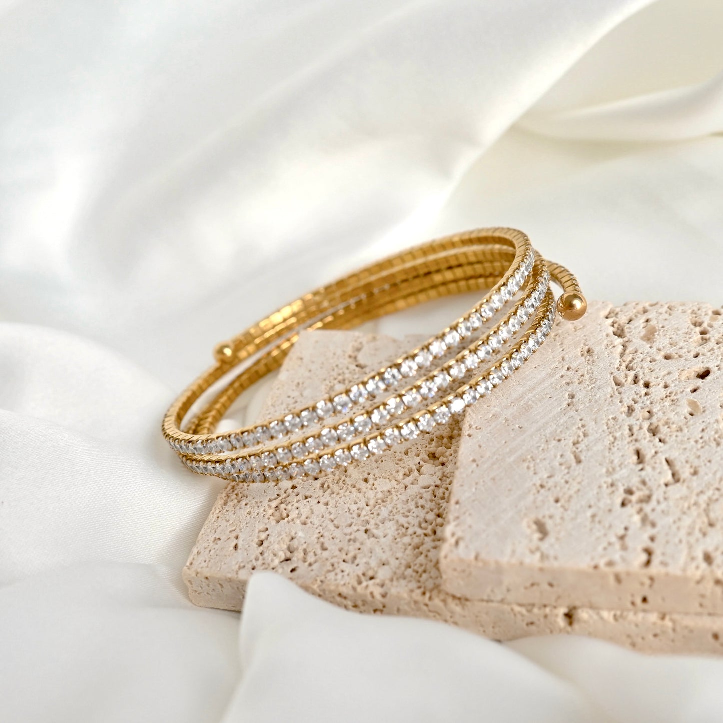 Gold CZ Tennis Wrap Bangle - Stainless Steel CZ Coil Bangle
