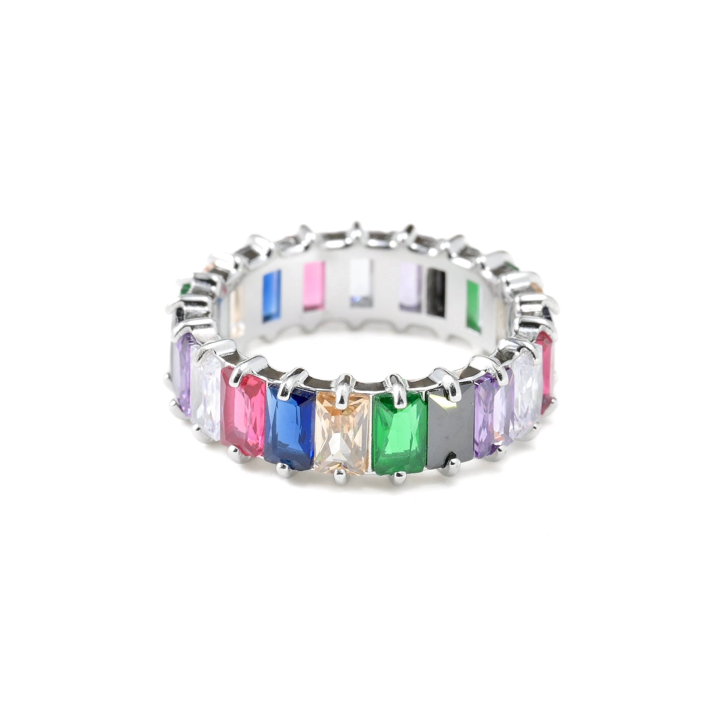 Ring with multicolored gemstones on a white background