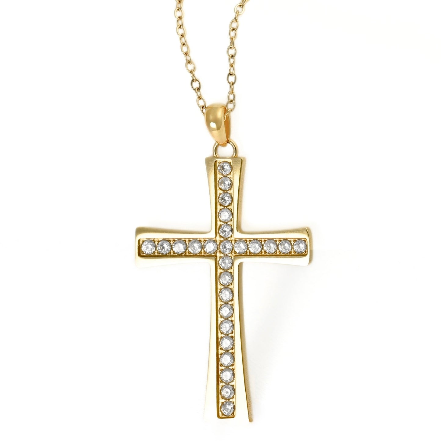 A gold cross pendant necklace adorned with clear crystals, suspended from a delicate gold chain against a plain white background.