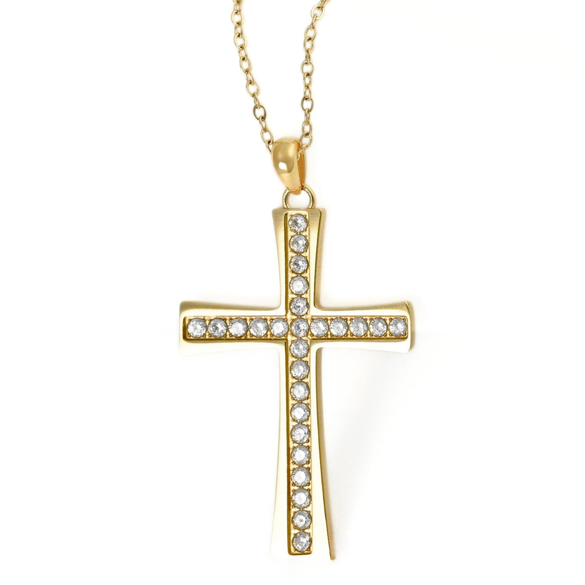 A gold cross pendant necklace adorned with clear crystals, suspended from a delicate gold chain against a plain white background.