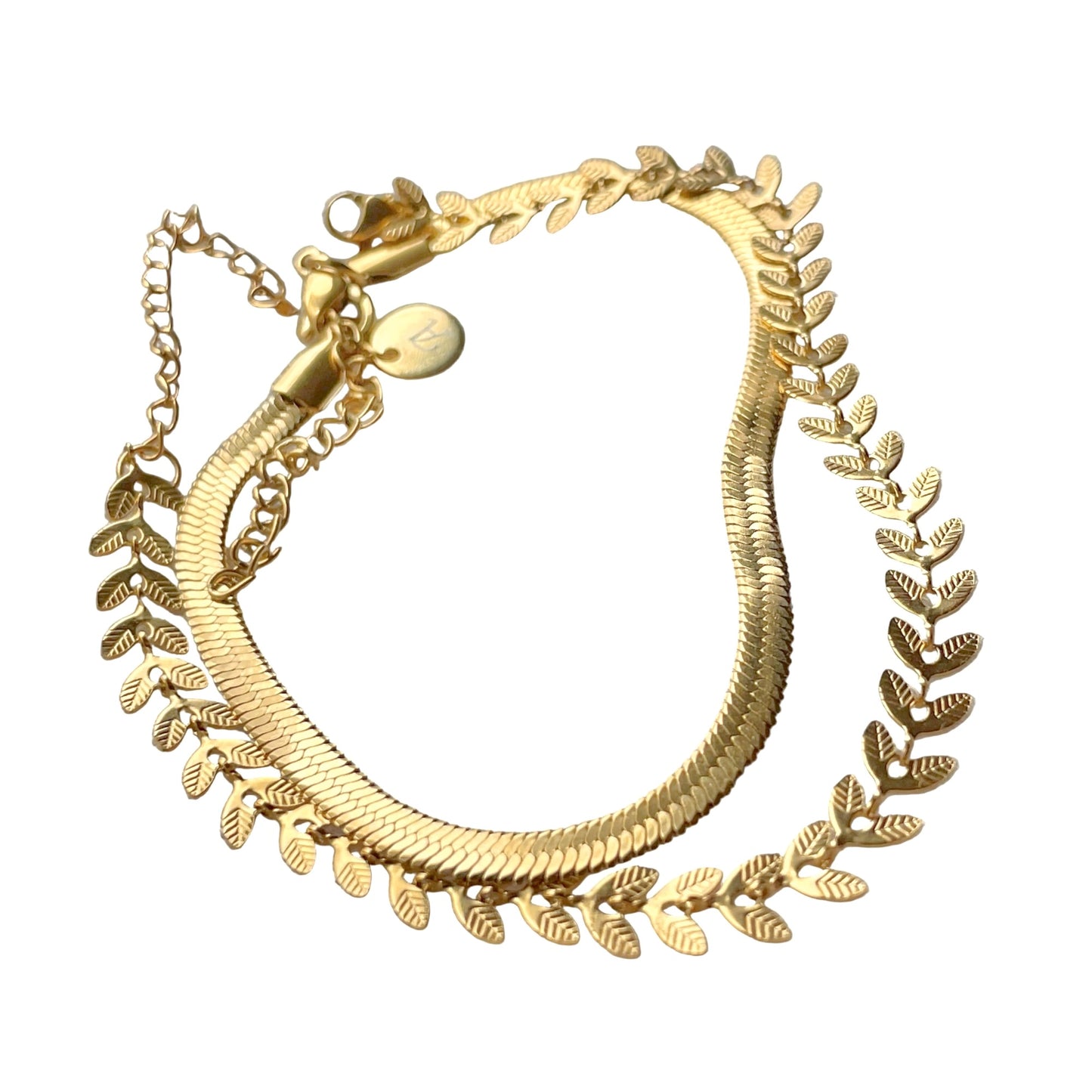 Herringbone Anklet Set - Gold Leaf and Snake Chain Ankle Bracelets, Stainless Steel