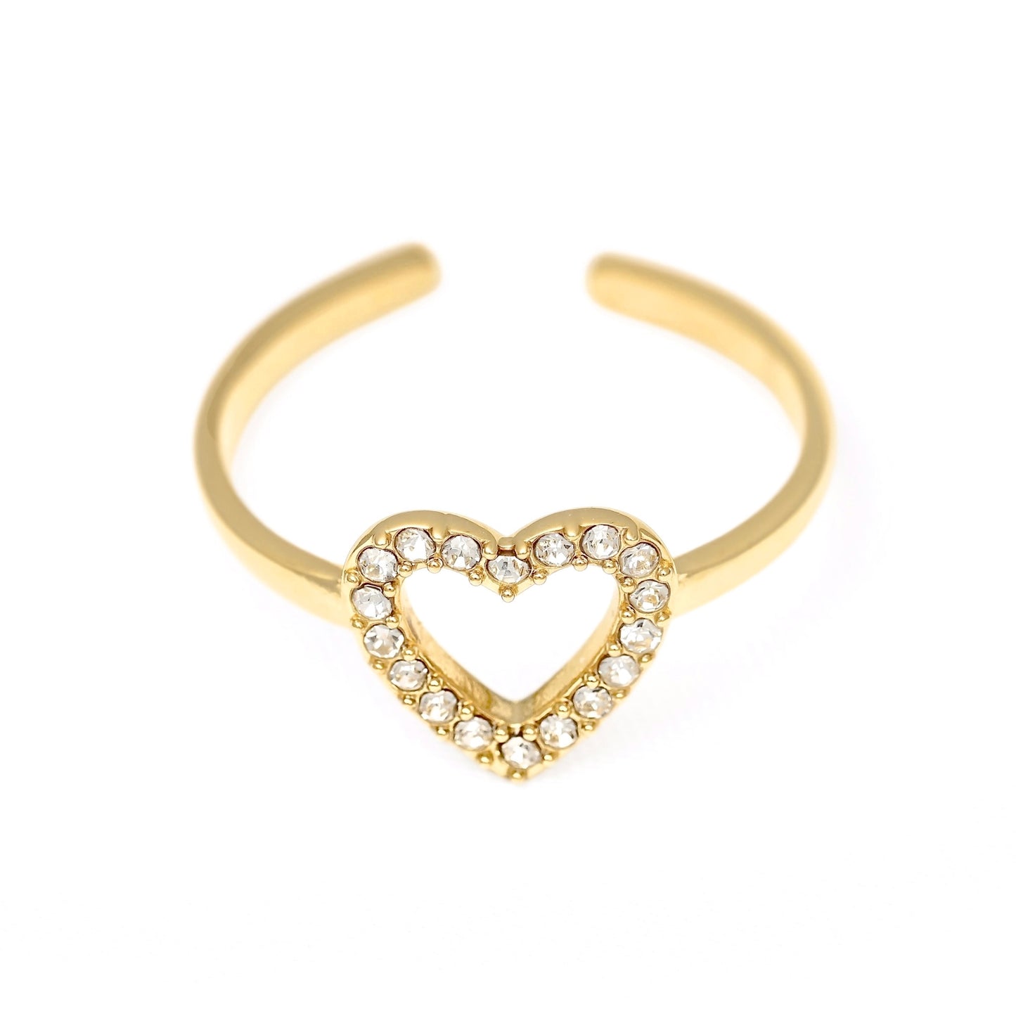 Gold open-back heart outline ring with the heart embedded with CZ stones, displayed on white background