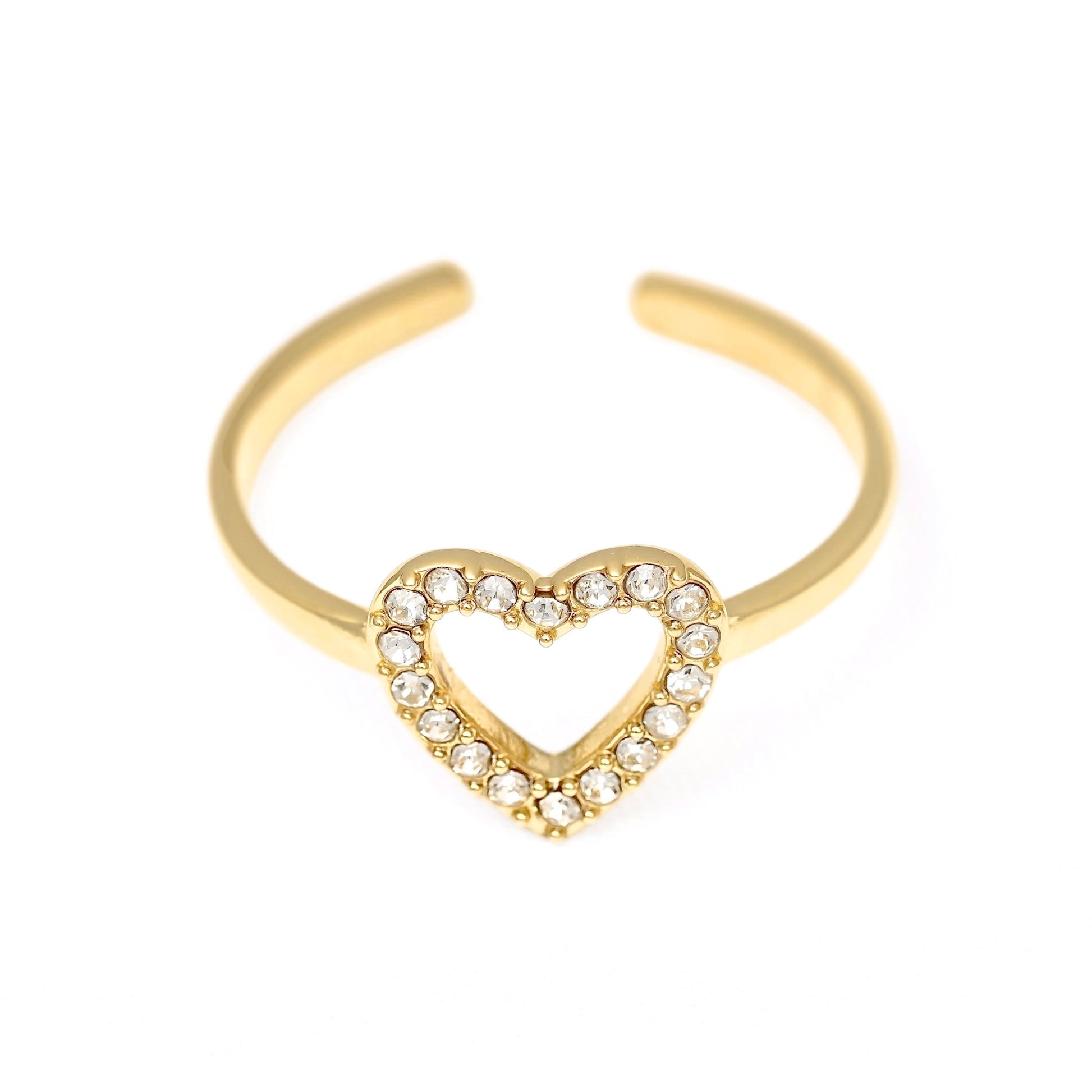 Gold open-back heart outline ring with the heart embedded with CZ stones, displayed on white background