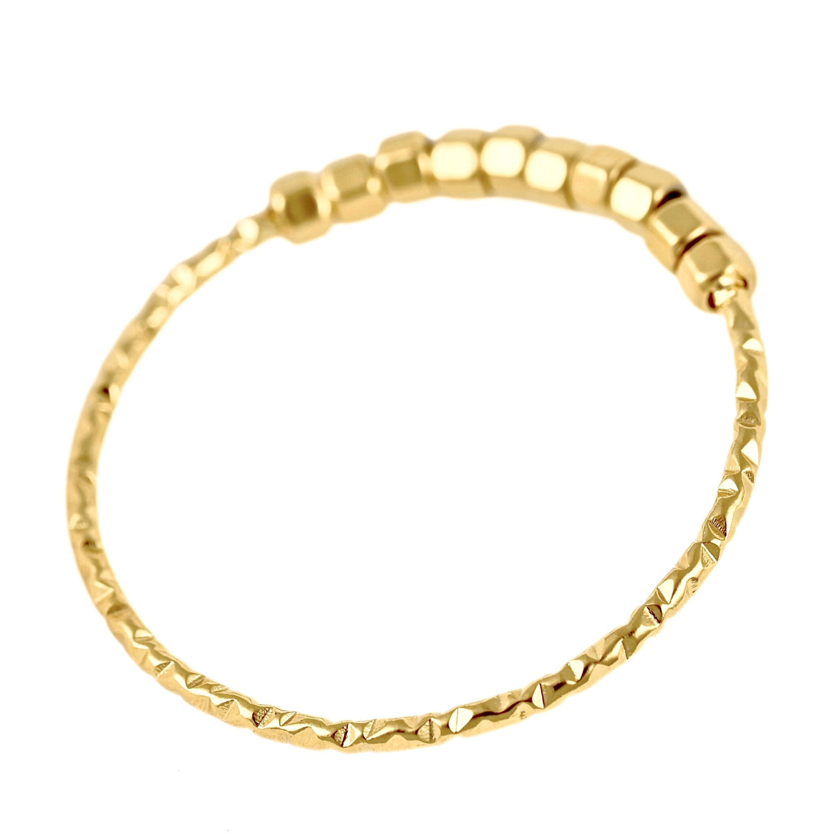 A gold-plated beaded ring featuring a textured, hammered finish on the main band and a section of faceted, rounded beads on the front, shown on a plain white background.