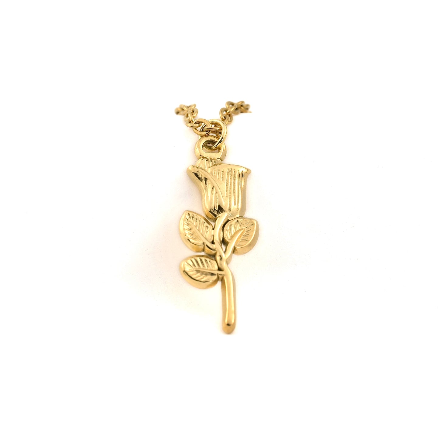 Gold rose necklace with a  textured pendant on a white background