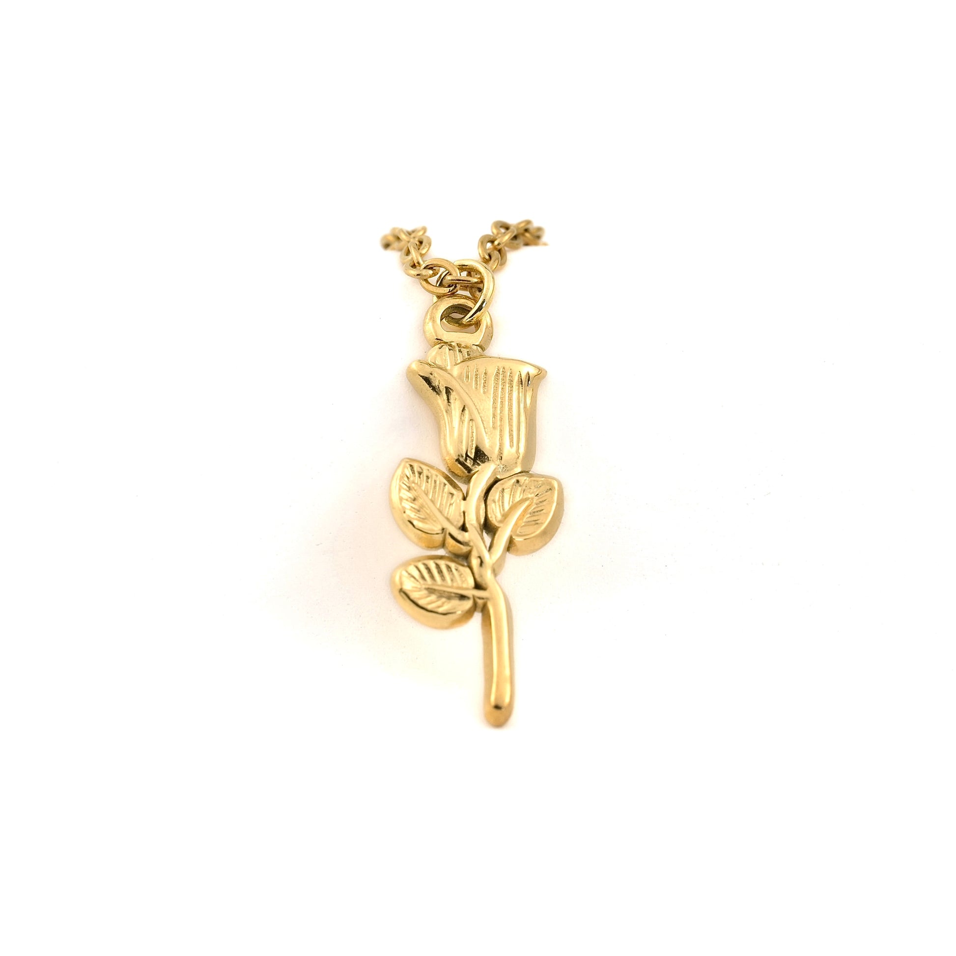Gold rose necklace with a  textured pendant on a white background