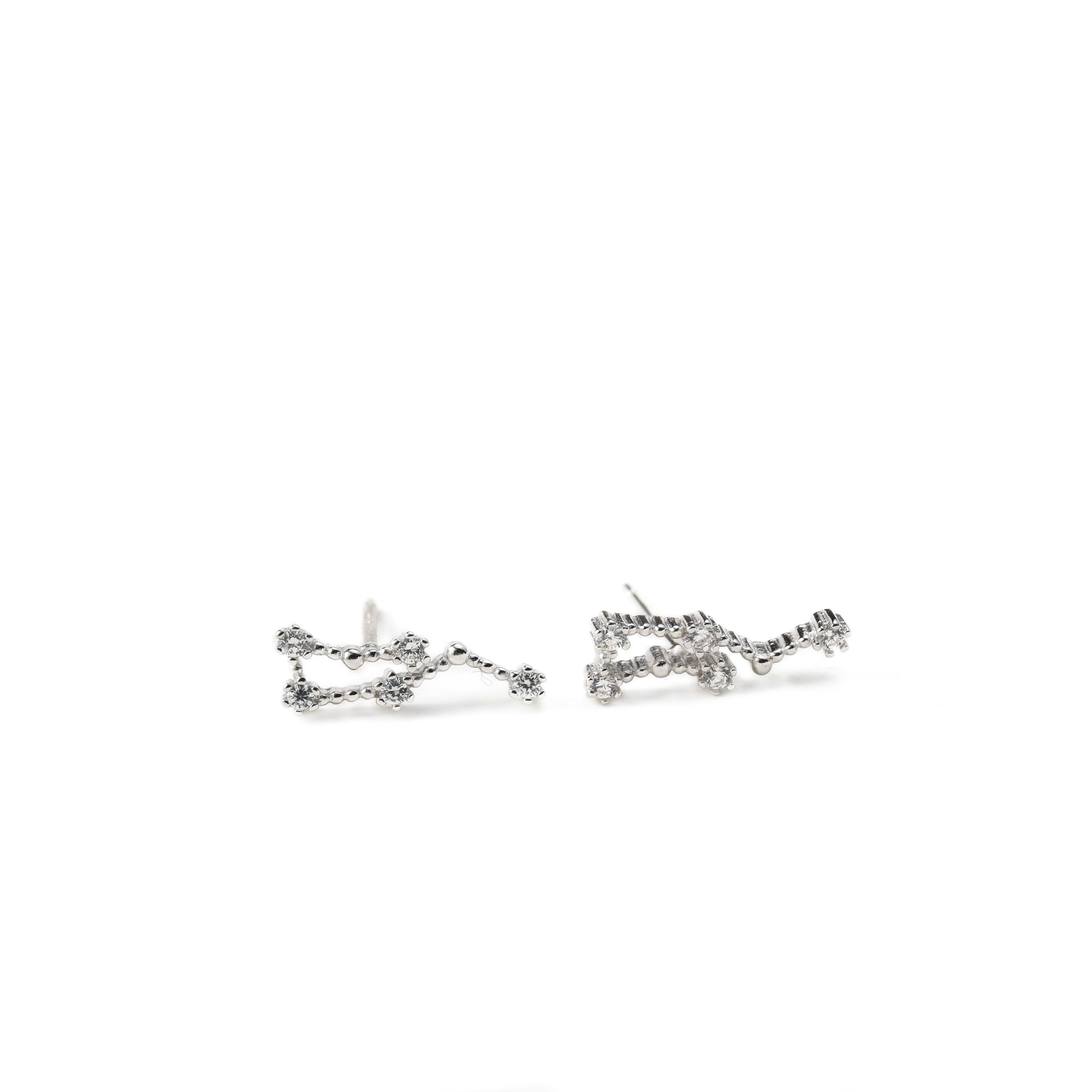 a pair of silver zodiac earrings with cz on a white background