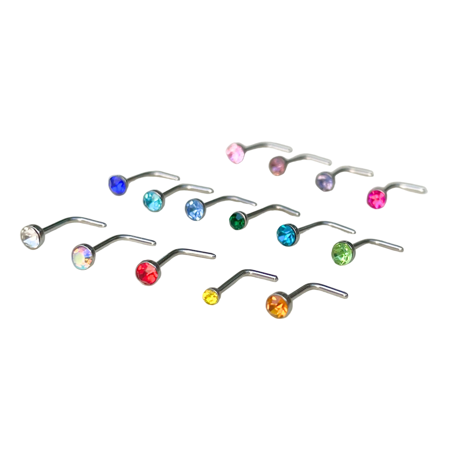 Set of silver L-shape nose studs with multicolored gemstones on a white background