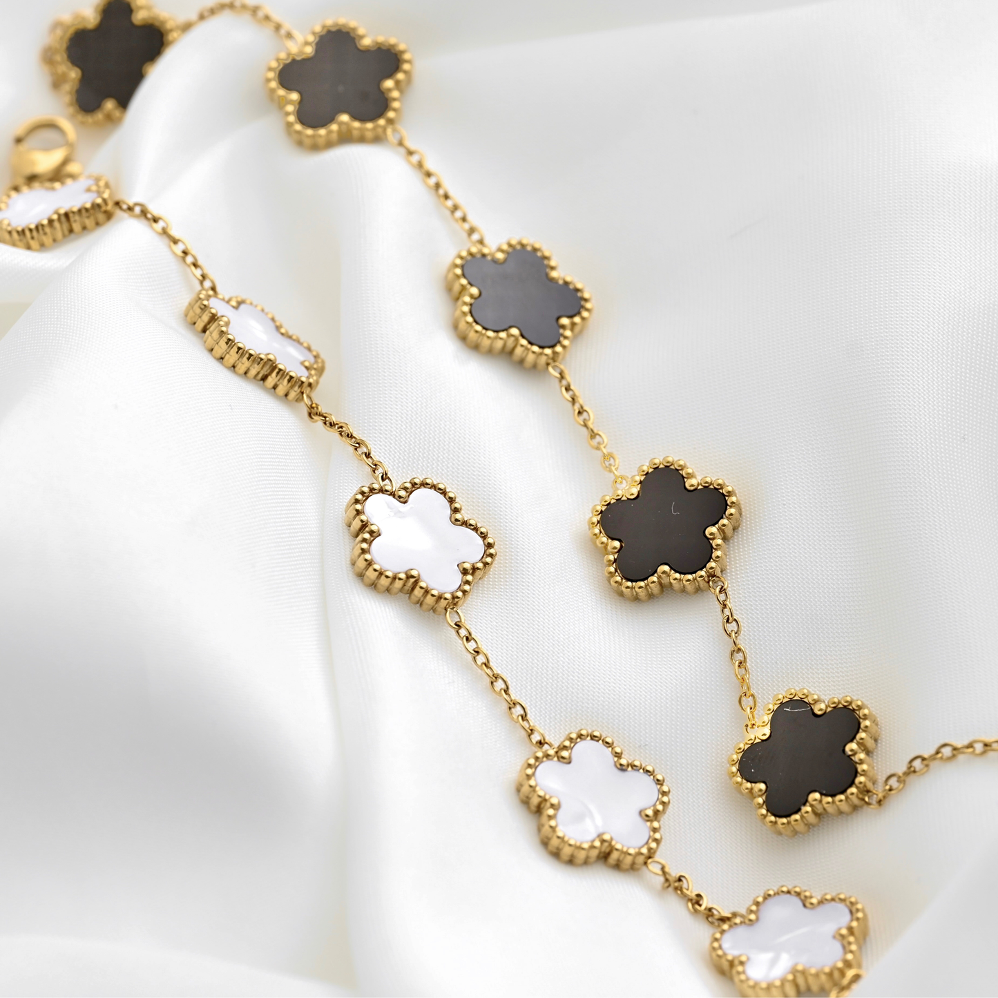 Shell Inlay Milgrain Flower Bracelet - Stainless Steel, Mother of Pearl & Onyx