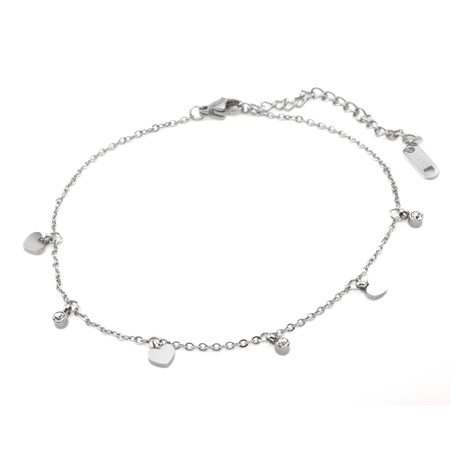 Diamond Heart Anklet, CZ and Heart Charm Ankle Bracelet, Stainless Steel, Waterproof