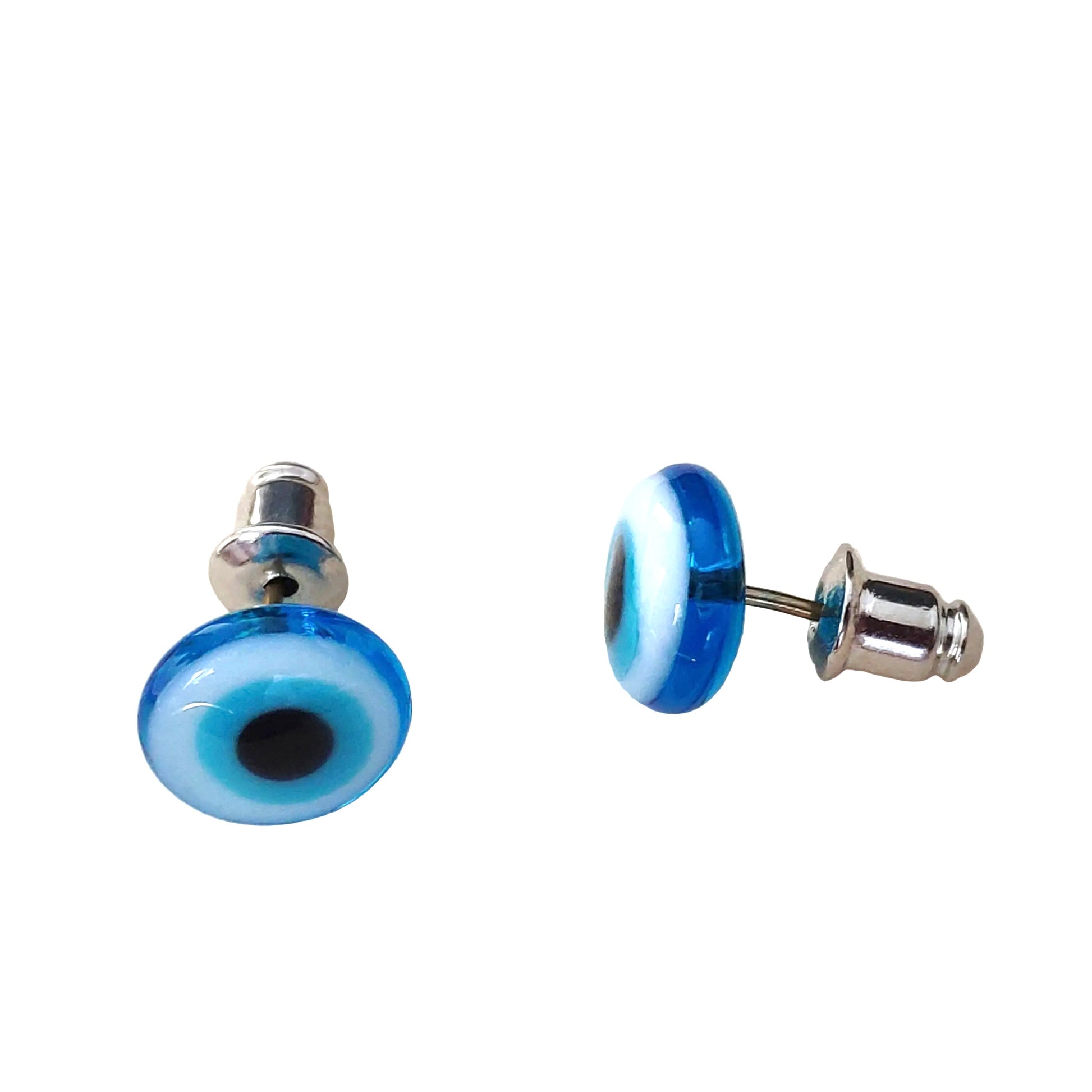 Light blue glass evil eye stud earrings on a white background