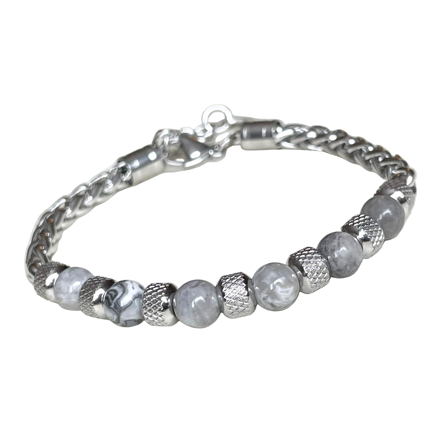 Thick silver wheat chain bracelet with textured steel beads and map stones on a white background