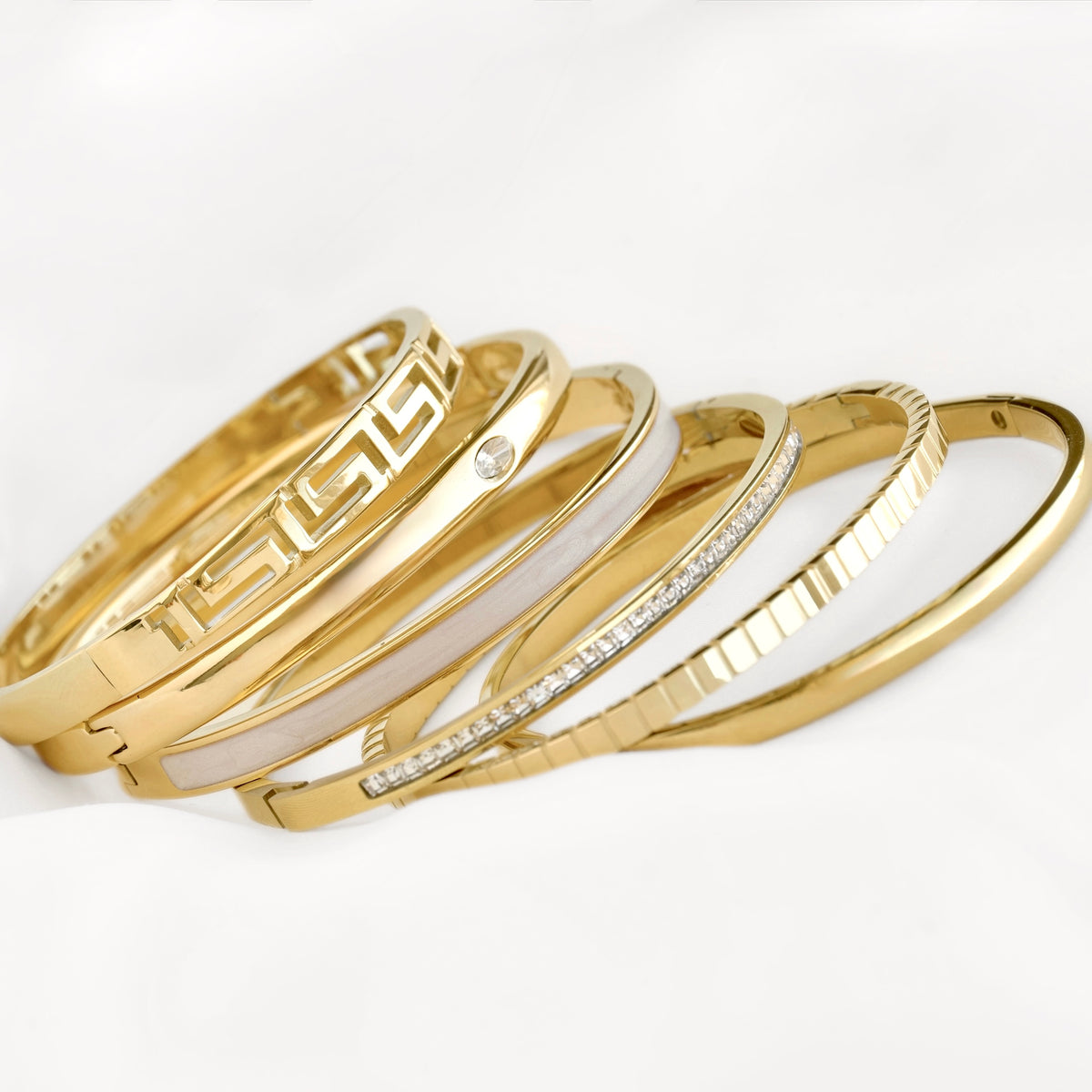 Mixed Motif Gold Hinged Bangle Set - Stainless Steel