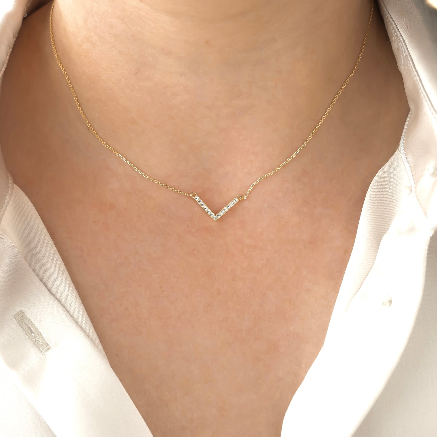 925 Sterling Silver Diamond Charm Necklace, Gold Plated, Teardrop Solitaire Chevron Charms