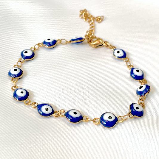 Evil Eye Beaded Bracelet, Enamel Eye Bracelet, Silver and Gold, Stainless Steel