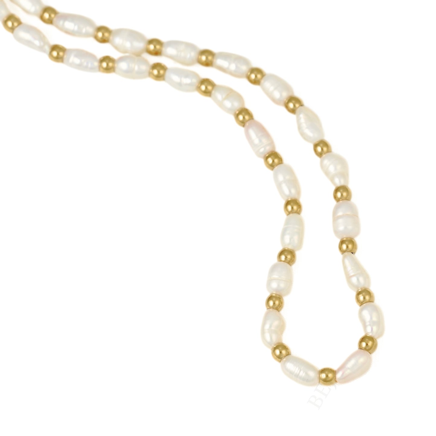 A gold beaded pearl necklace featuring irregular white baroque pearls and polished gold metallic beads, displayed on a clean white background.