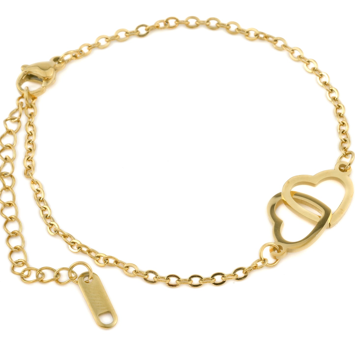 Gold bracelet with heart-shaped clasp on a white background