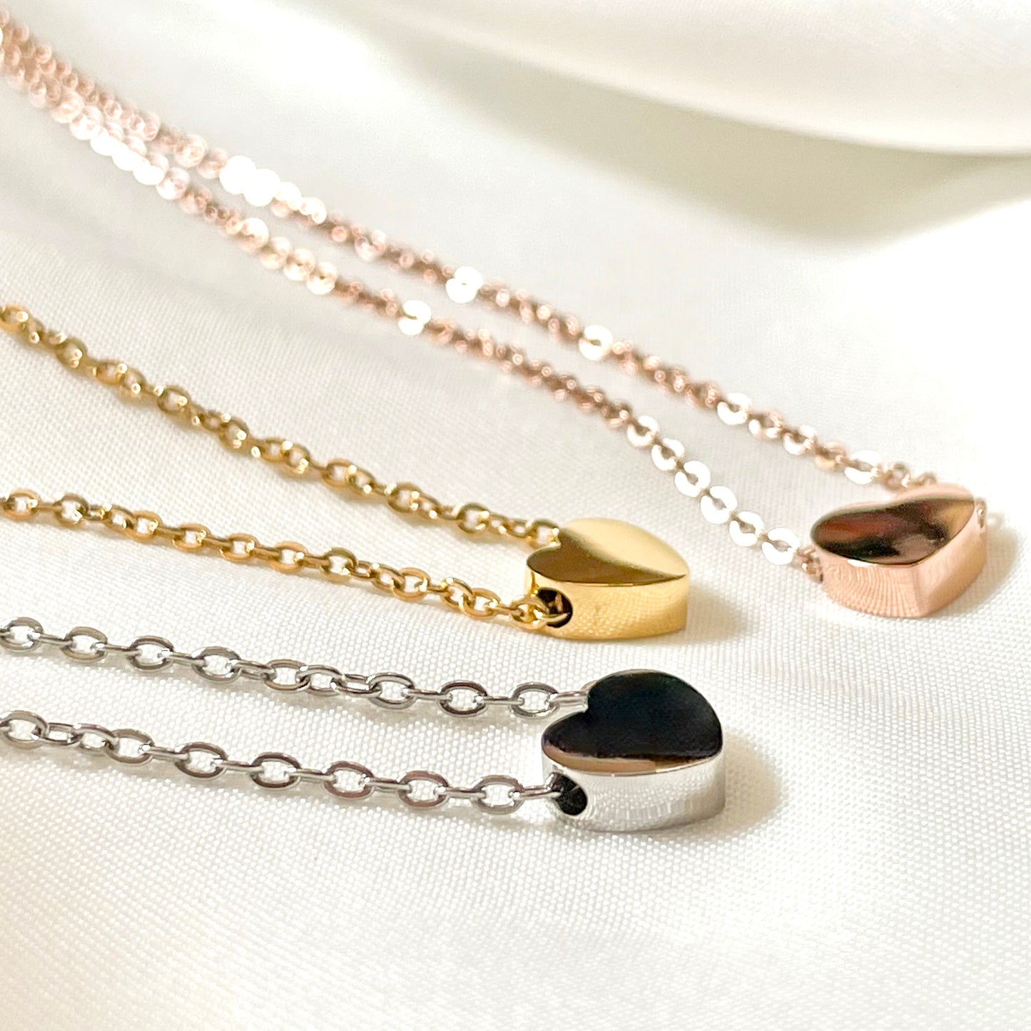 Mini Heart Necklace, Engravable, Waterproof Stainless Steel, Gold, Rose Gold and Silver, 18"