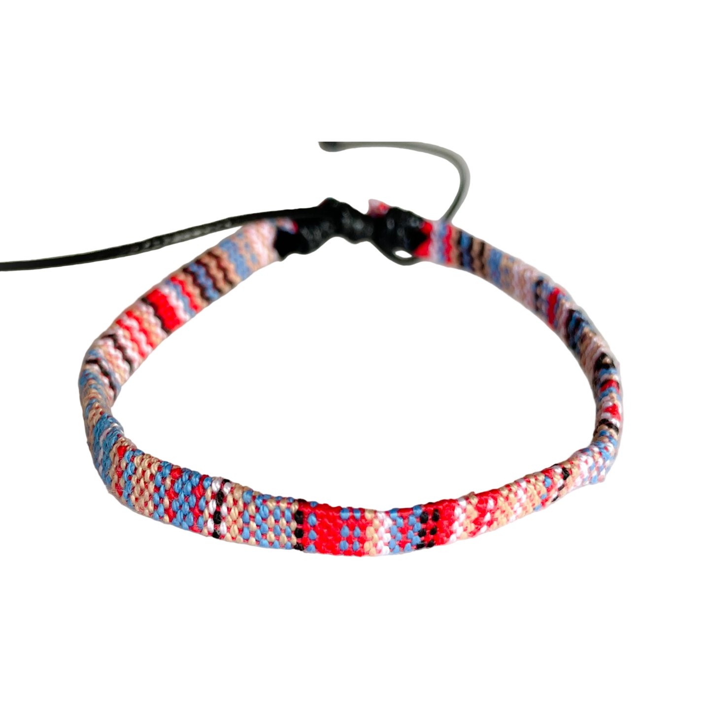 Red, blue and pink dominant multicolored surfer anklet on a white background