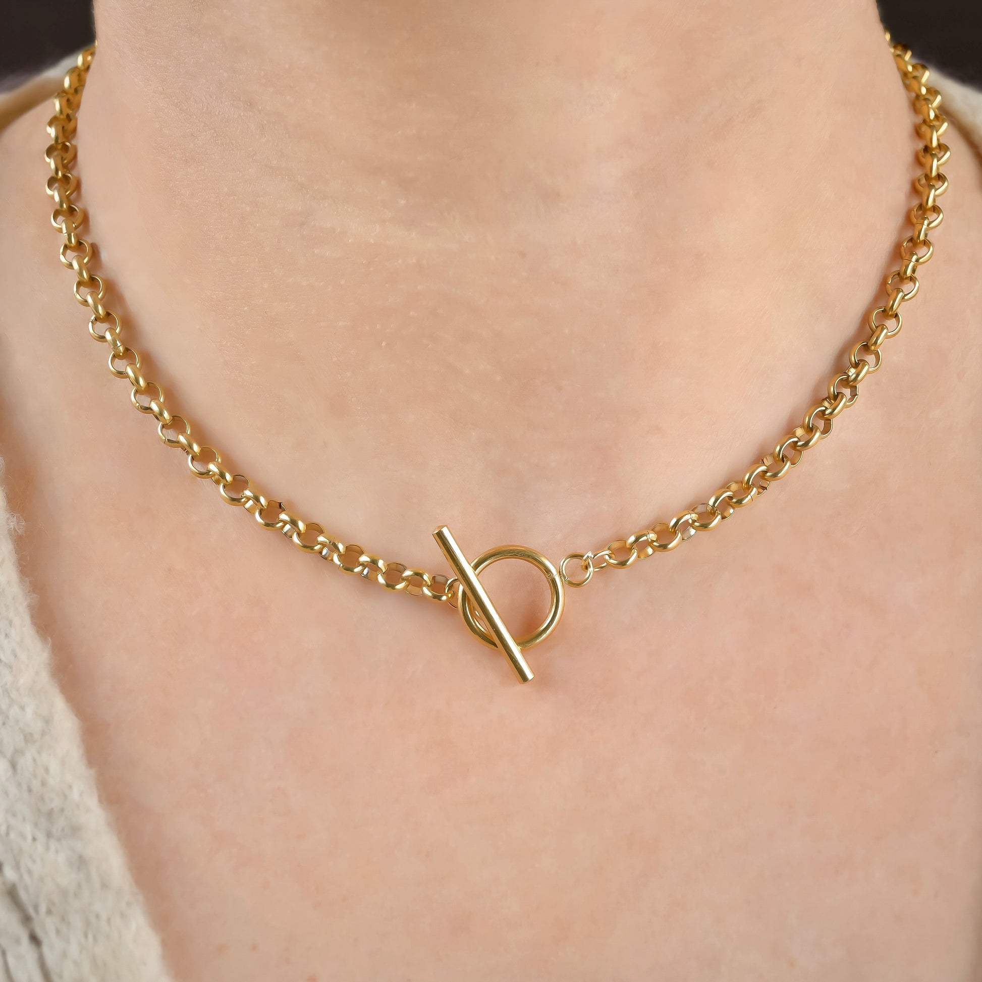 Front view of gold rolo choker with a clasp in front on a person's neck