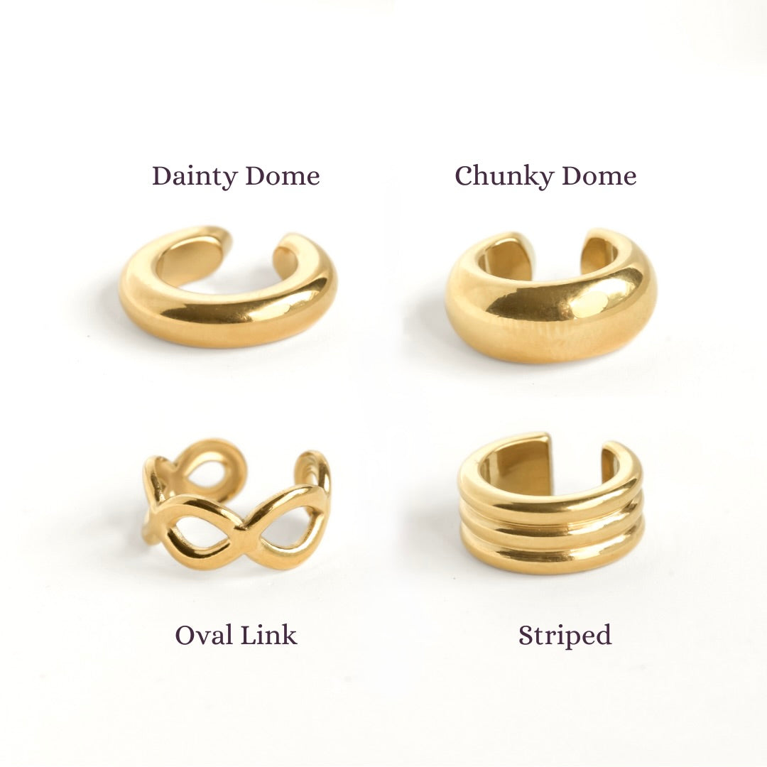 Four gold ear cuffs labeled 'Dainty Dome', 'Chunky Dome', 'Oval Link', and 'Striped' on a white background.