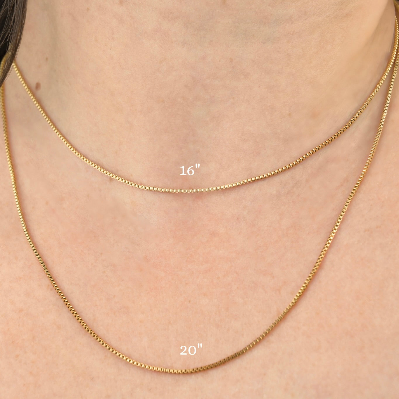 front view of layered box chains with 16" and 20" measurement labels on a person's neck